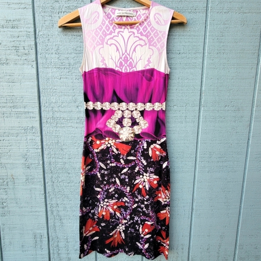 RARE Mary Katrantzou Wearable Art 100% Silk Jersey Knit Bodycon Dress size S